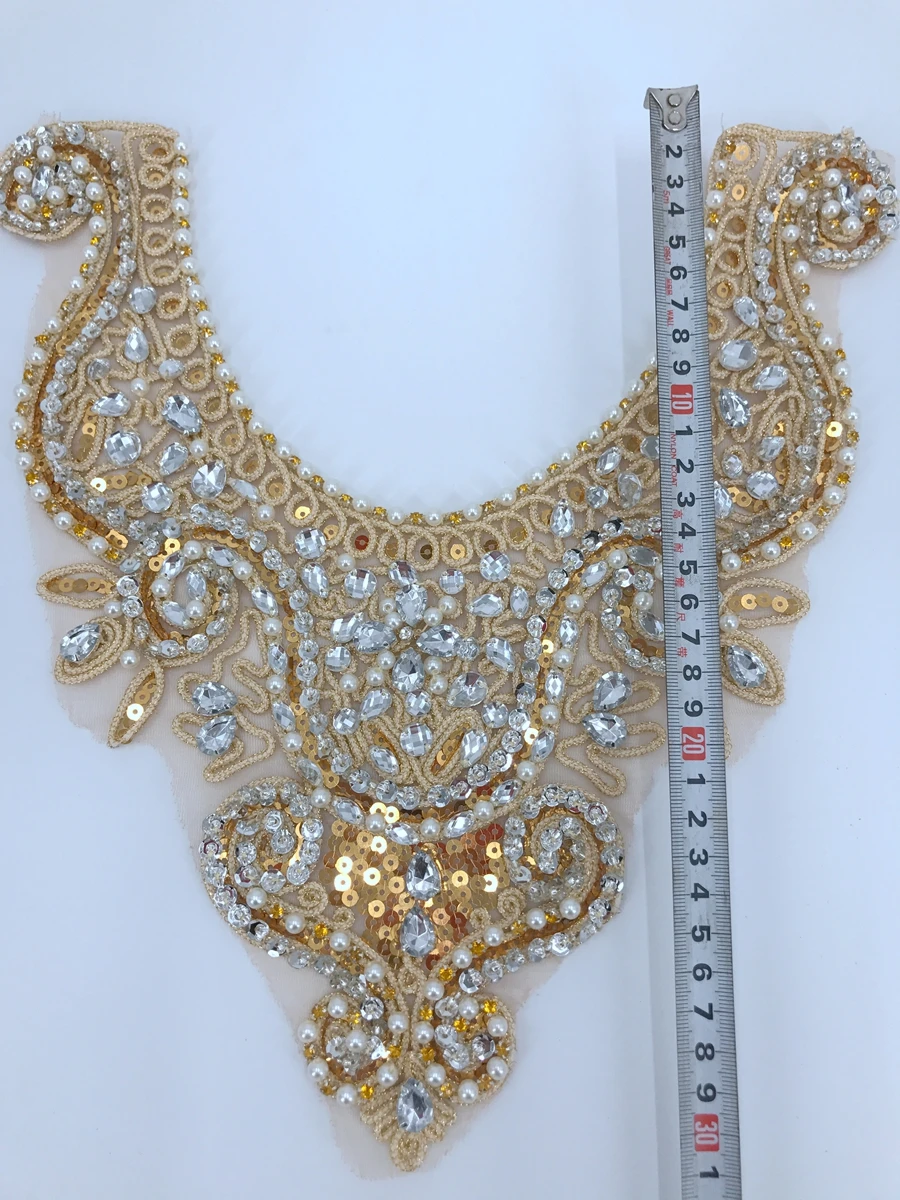 Golden lace applique with silver beads rhinestones patches 30*29cm for dress accessory