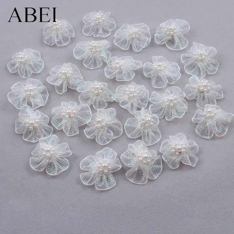 30pcs 3cm Mesh Pearl Beads Flowers DIY Shoes Hats Clothes Jewelry Decorative flowers Silk Rose Wedding Party Decoration