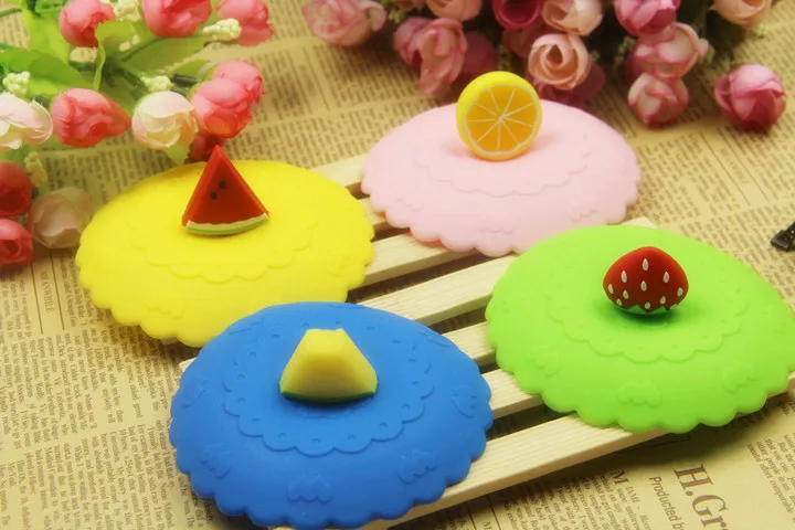 1PC Fruit Lace Dust Reusable Silicone Cover Cup DIY Free Splicing Thermal Insulation Cup Seal Cover Lemon watermelon ELB 267