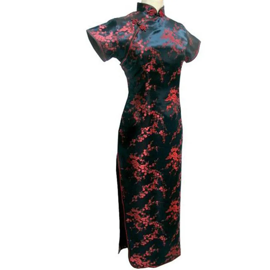 

Black-Red Traditional Chinese Dress Women's Satin Long Cheongsam Qipao Flower Size S M L XL XXL XXXL 4XL 5XL 6XL
