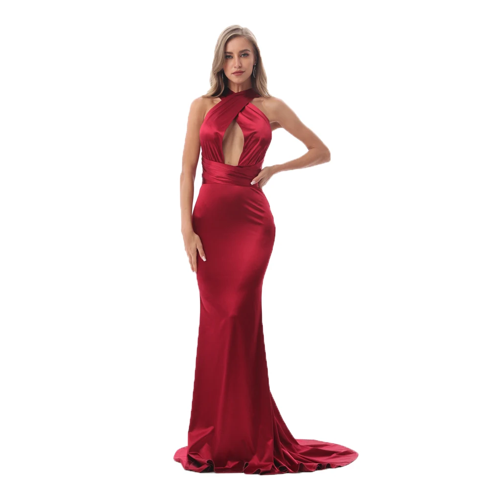 Sexy Mermaid Maxi Dresses DIY Straps Open Back Shiny Green Burgundy Satin Bodycon Backless Party Dress