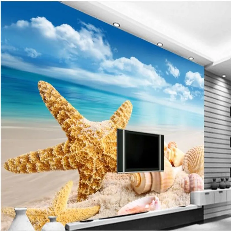 

wellyu Custom large fresco HD 3D stereo beach starfish Conch TV background wall wallpaper papel de parede para quarto