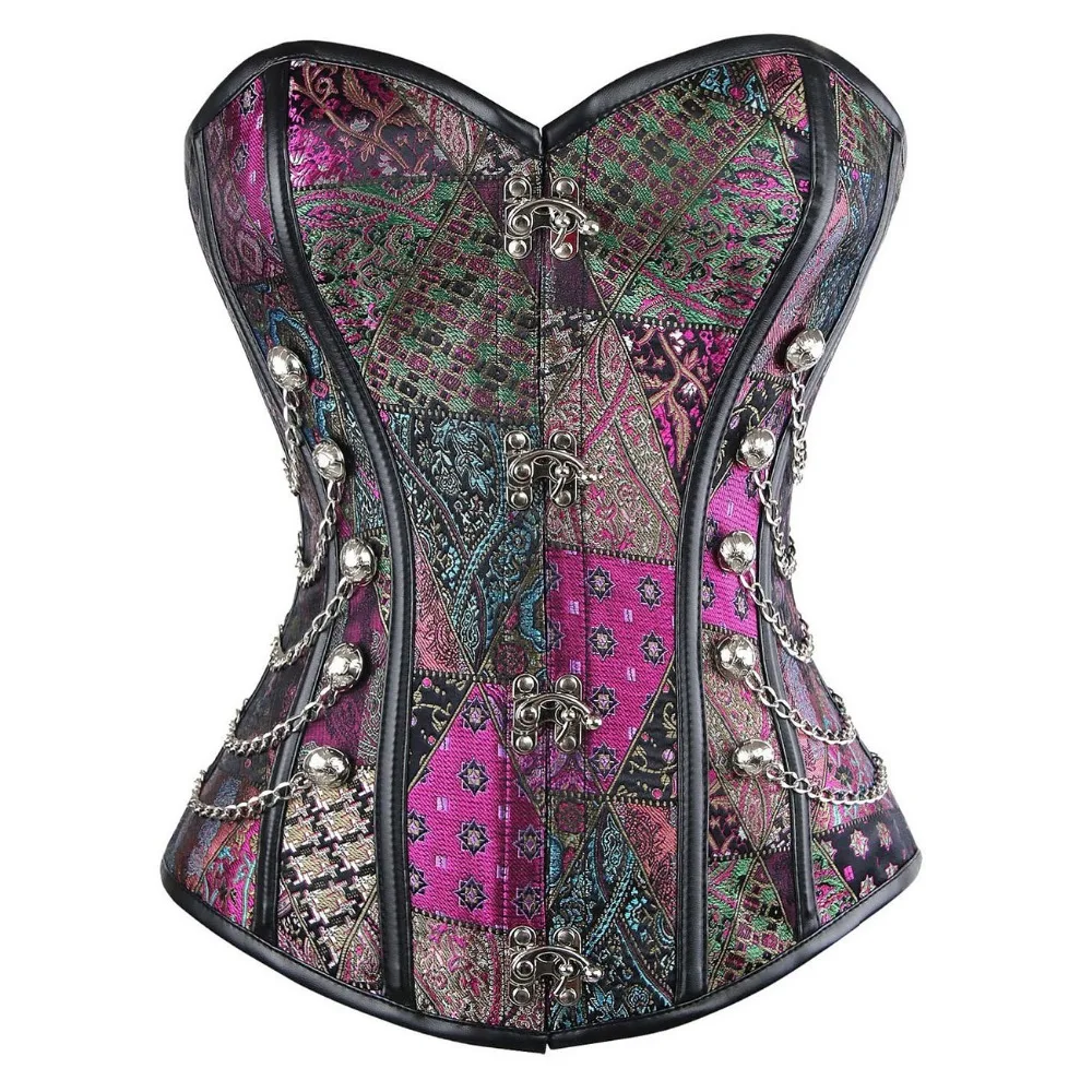 

Waist Overbust Corset Steel Boned Corset Top Purple Floral Steampunk Corset Bustiers With Chain Sexy Gothic Spiral Boned Corsets