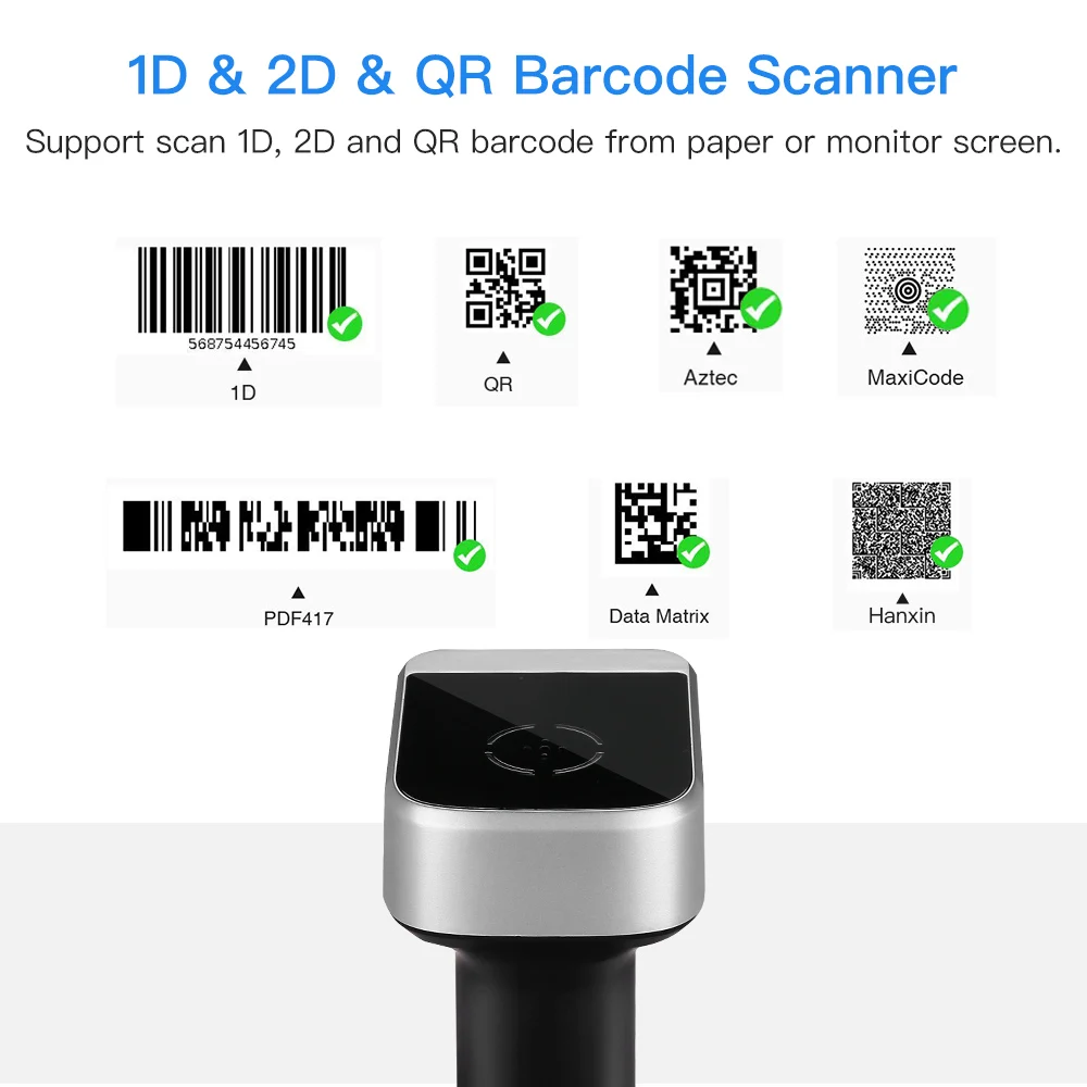 Eyoyo-1900 Barcode Scanner, Sem Fio, Leitor de Código de Barras, Bluetooth, PDF417, QR, 2D, Data Matrix, UPC Scanner, Coaxial