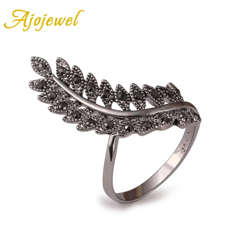 Ajojewel Original Black Rhinestone Leaf Ring Vintage Retro Chic Woman Jewelry For Fingers