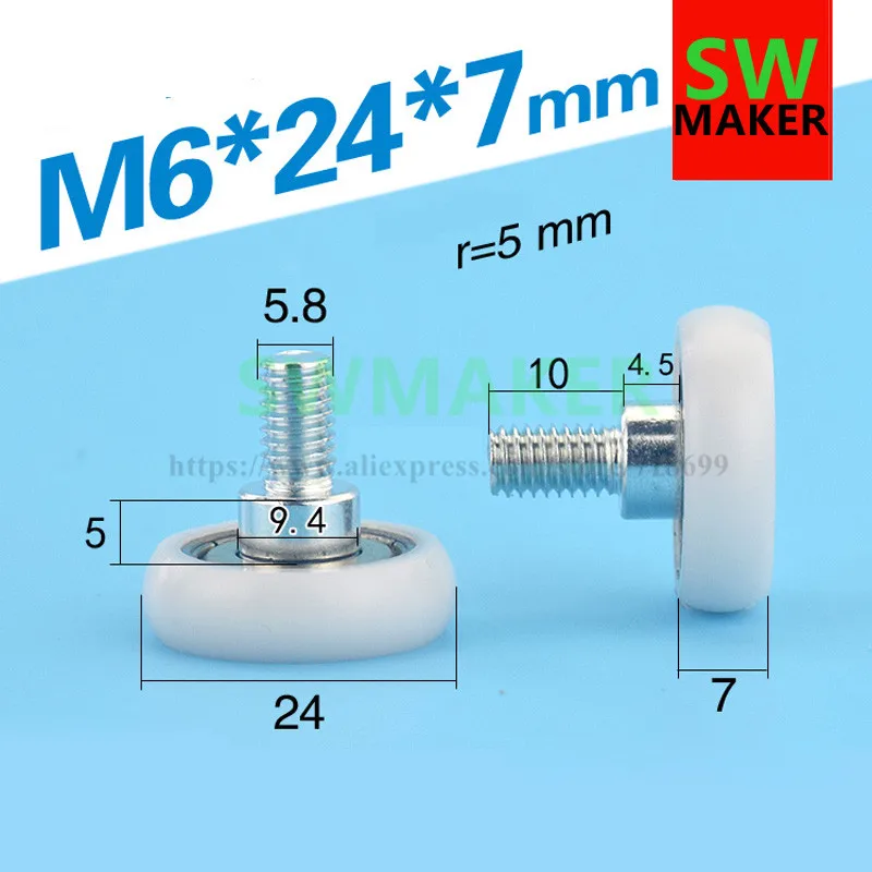 10 buah 6*24*7mm M6 * 24*7mm kamera bulat, rol poliformaldehida POM, katrol pajangan/laci