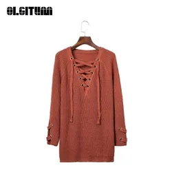 New 2020 Autumn Winter Sexy Lace Up Knitted Sweater Loose V-neck Long Sleeve Women Sweaters and Pullovers Outwear SW647