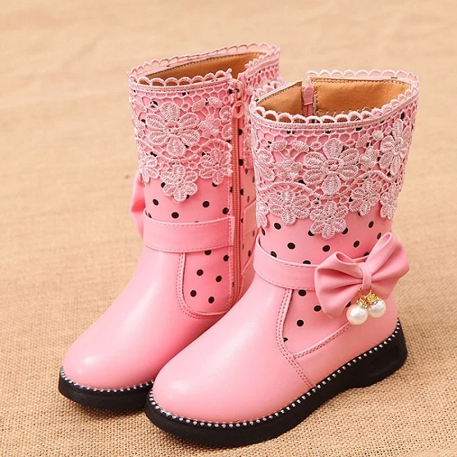 New Autumn Winter Girls Shoes Kids Girls Boots Children Princess High Snow Boots Bowtie Lace Boots with Fur Plush Size EU 27-37