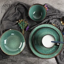 ANTOWALL European style simple peacock pattern dinnerware set kiln glazed dish ceramic soup salad bowl steak plate disc mug