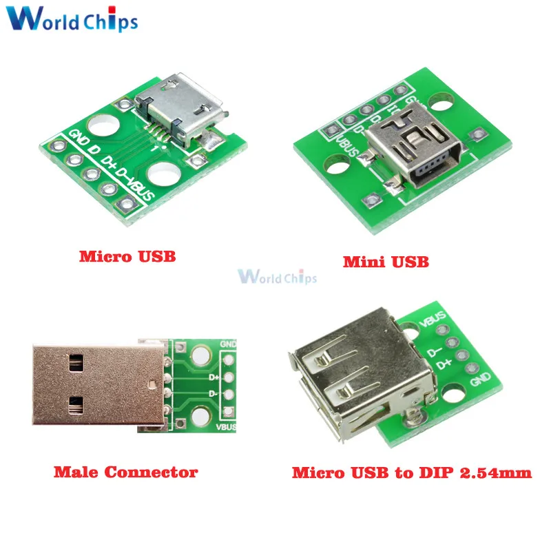 10PCS Micro / Mini USB Type A Male/USB Type A Female Interface Adapter to 2.54mm DIP PCB Board Adapter Converter Breakout Module