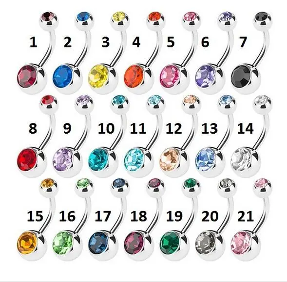 

Free shippment 210PCS Body Jewelry- 14g Double Czech Crystal gems Navel Belly Button Navel Piercing Jewelry 21 colors