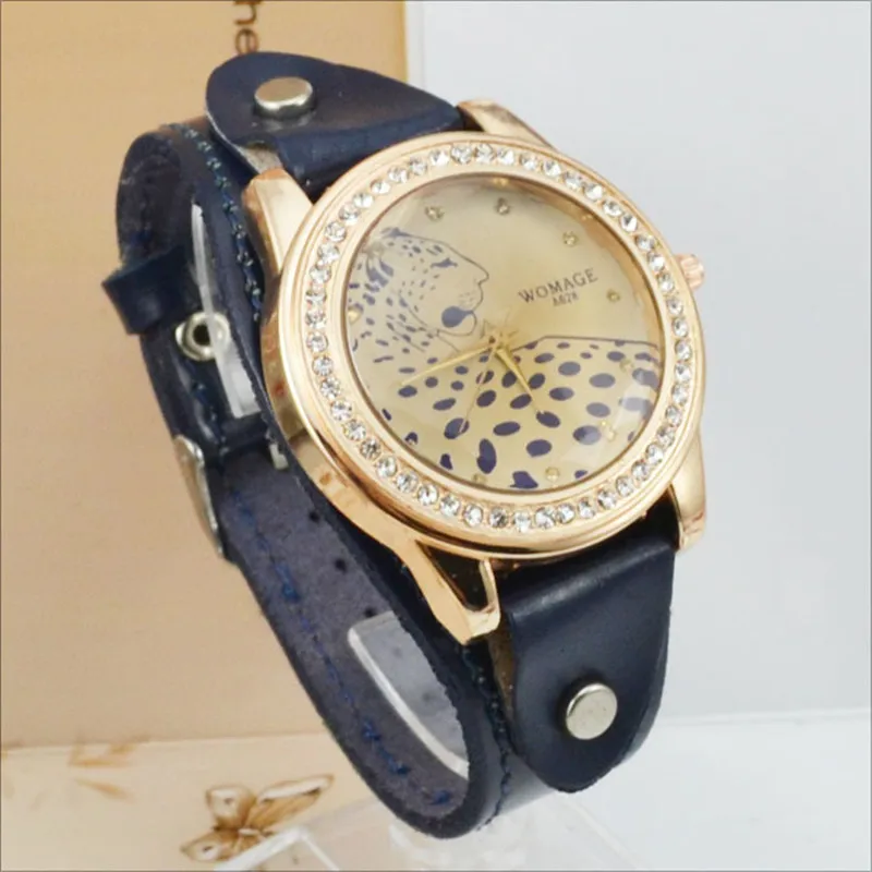 Fashion Brand Womage Watch Women Watches Fashion Vintage Leopard Watches Women Leather Women\'s Watches Rhinestone Reloj Mujer