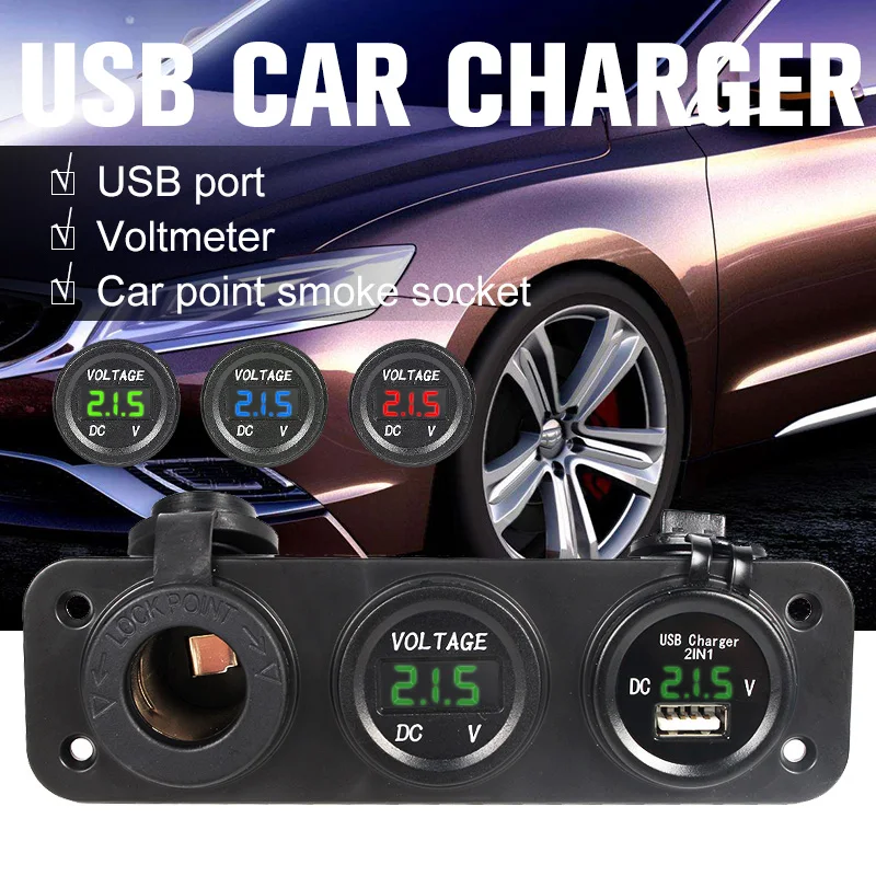 2in1 USB Charger Adapter Plug + Socket Spliter Port +Green Light LED Digital Voltmeter 12V 24V Car Motorcycle Bike ATV DC 8V-30V