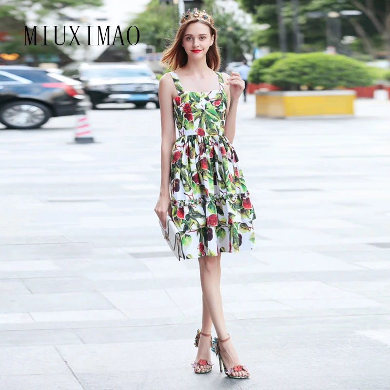 

MIUXIMAO 2023 Spring & Summer Dress Fashion Square Collar Spaghetti Strap Sleeveless A-Line Print Slim Above Knee Dress Women