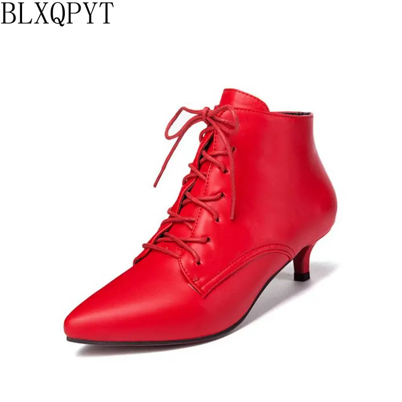 BLXQPYT Big size Spring Autumn Stiletto Thin low Heels Pointed Toe Leather Lace-Up Style Sexy Ankle Women Boots shoes woman 56-6