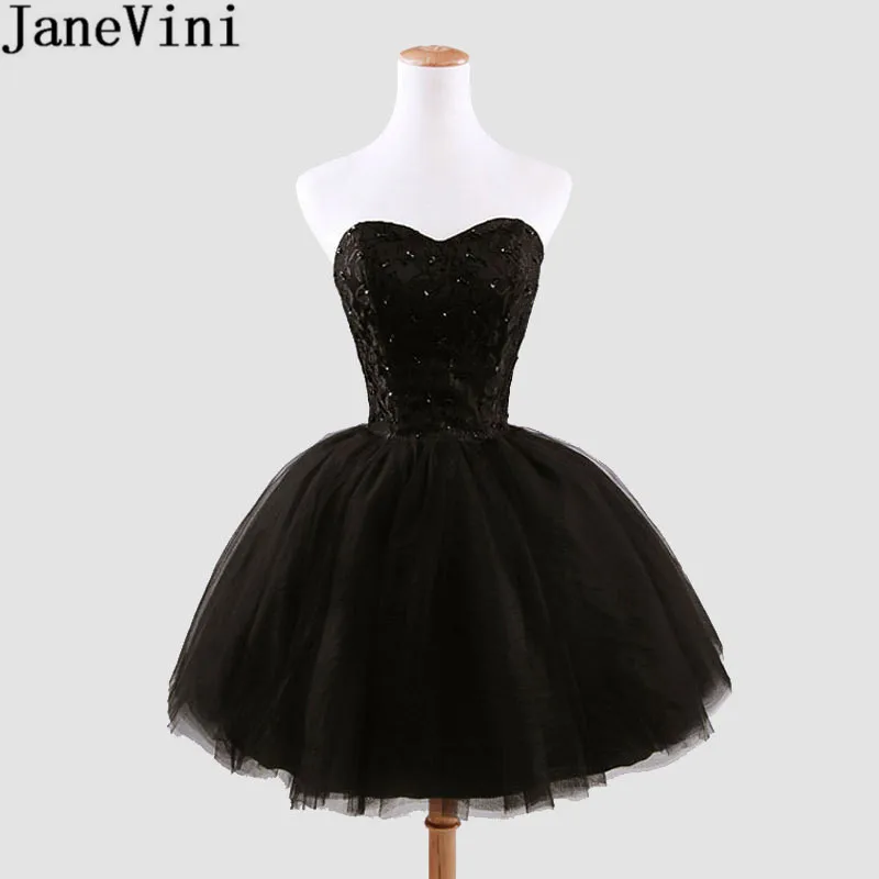 

JaneVini Black Beaded Short Bridesmaid Dresses Cheap Lace Ball Gowns Sweetheart White Prom Sexy Formal Dress Robe Demoiselle