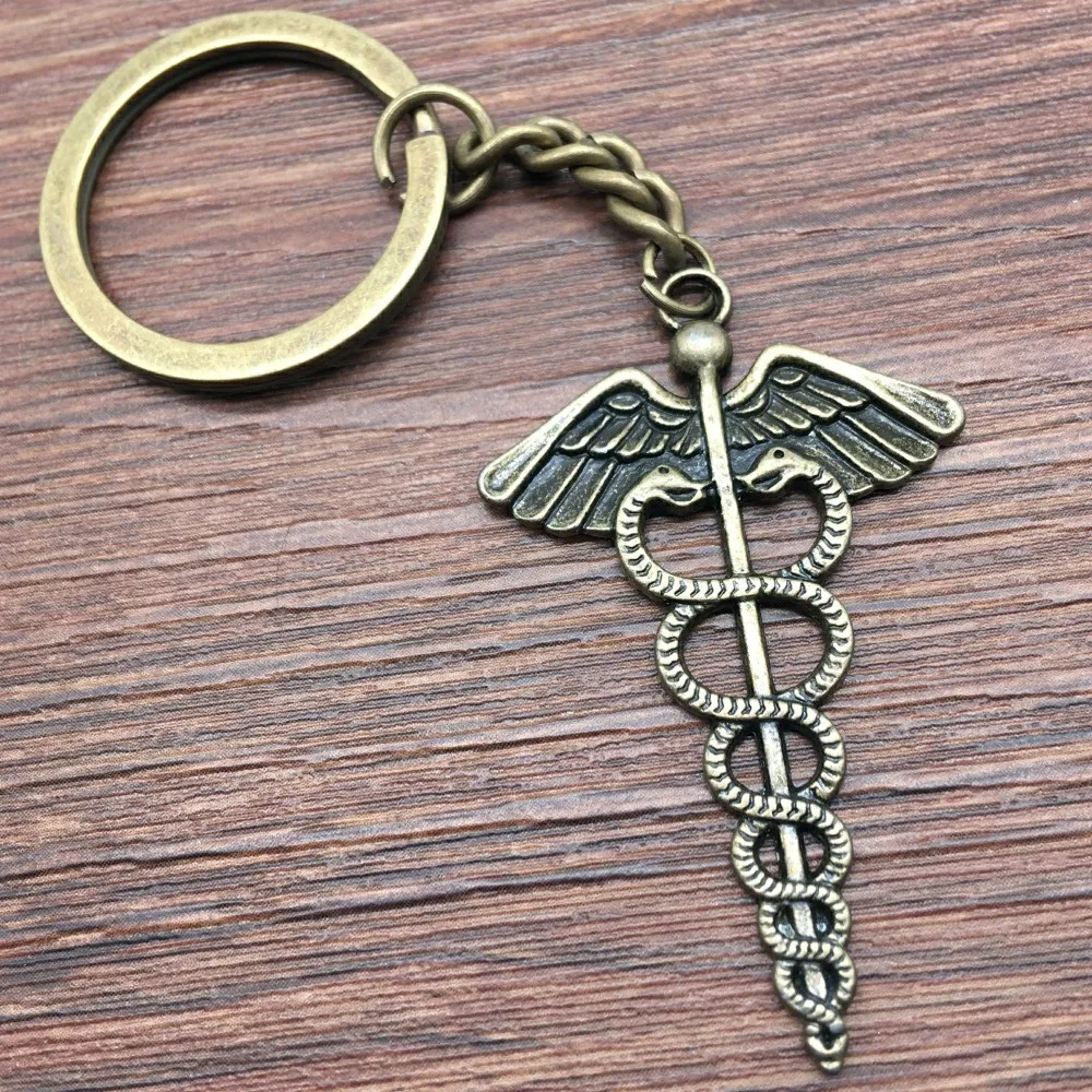 1 Piece Keyring Caduceus Medical Symbol Keychain 49x30mm Antique Bronze Handmade Metal KeyChain Souvenir Gifts For Women A10782