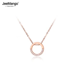 JeeMango Trendy Chain Jewelry Circle Pendant AAA Rhinestones Rose Gold Color Choker Necklace For Women Chirstmas Gift JN19042