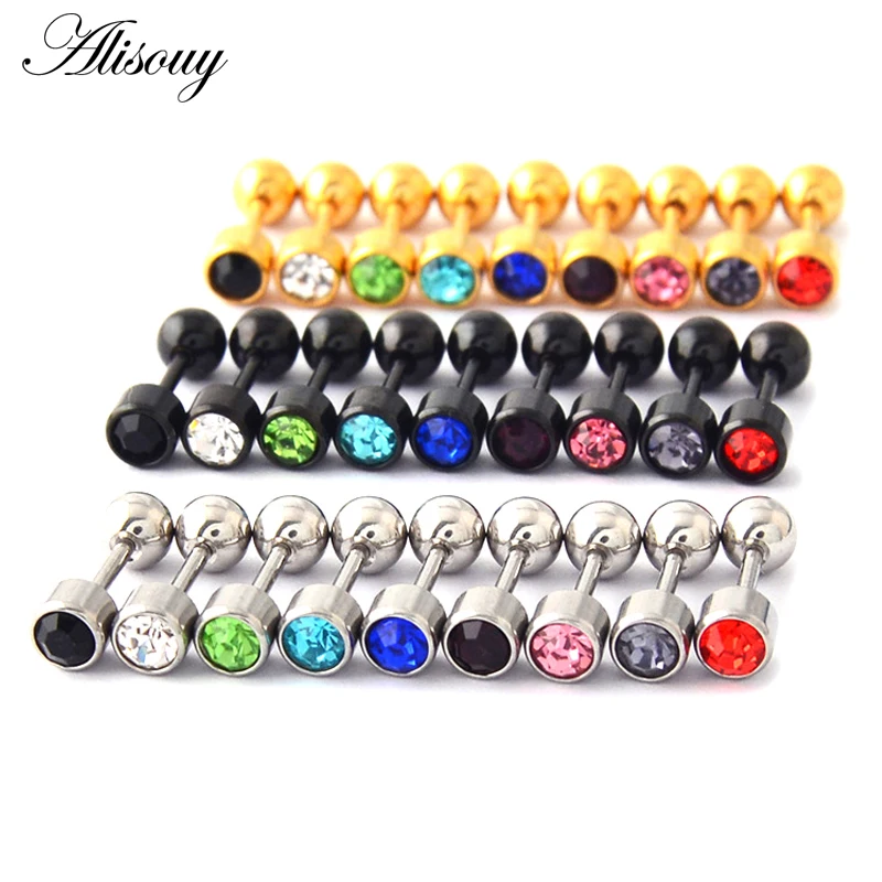 Alisouy 2pc 316l Surgical Steel Crystal  Assorted Colors Ear Stud Piercing Simple Style Screw-Back Earring Sexy Girls Jewelry