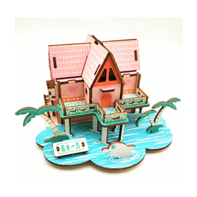 Fai da te modello di costruzione giocattolo 3d Puzzle in legno casa Villa Kit su Waterside Puzzle assemblare giocattolo regalo per bambini adulto p15