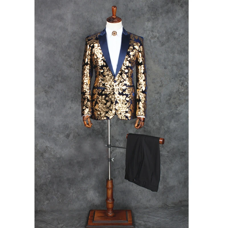 

100%real mens stars/golden sequins embroidery black/blue tuxedo suit /event/evening/stage performance