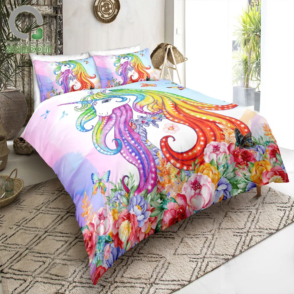 BOMCOM 3D Digital Printing Bedding Set Hand Drawn rainbow hair Unicorn in flowers 3-Piece Duvet Cover Sets 100% Microfiber