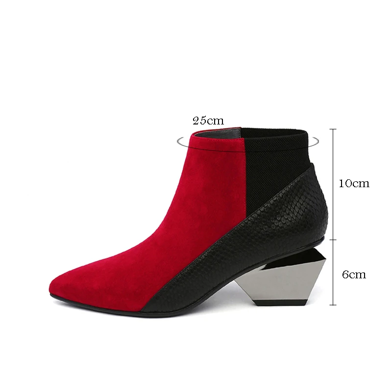 Chelsea Boots Black Red Autumn Boots For Women Genuine Leather Pointed Toe Mixed Color Chunky Heel Ankle Boots HL122 MUYISEXI