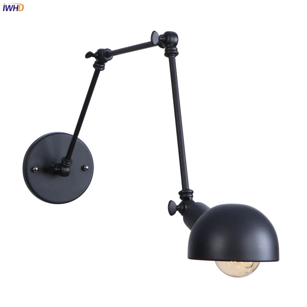 IWHD Industrial Decor Black LED Wall Light Fixture Corridor Bedroom Stair Arm Vintage Wall Lamp Sconce Edison Aplique Luz Pared