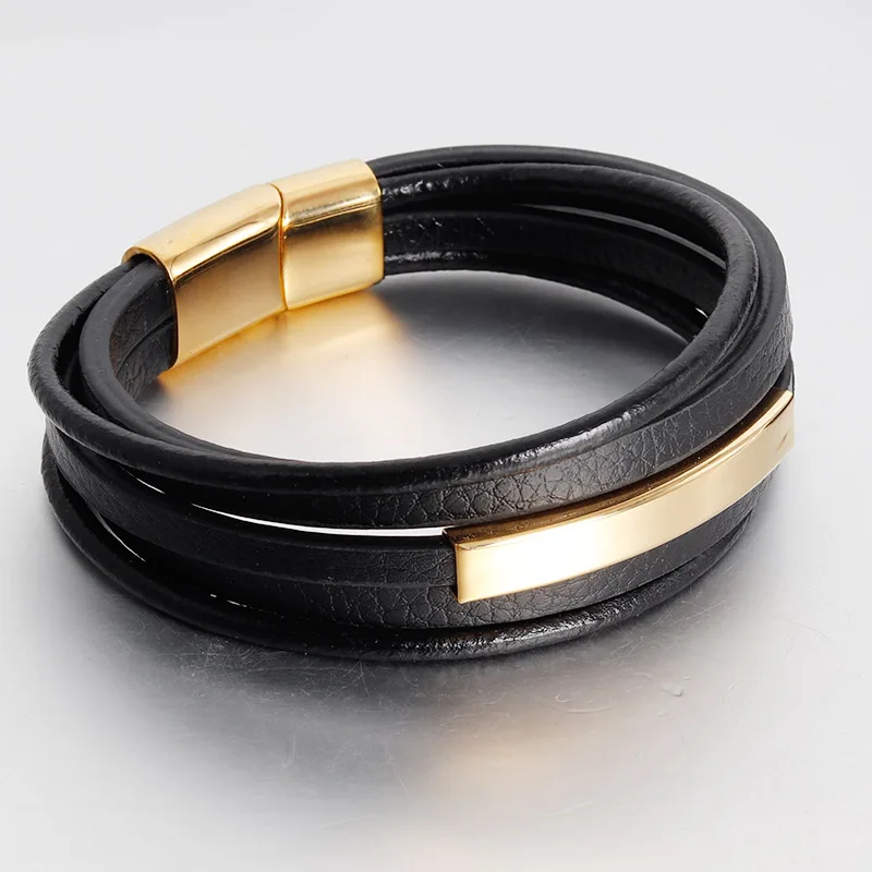 Fashion Multilayer Lederen Armband voor Mannen Sieraden Rvs Bangle Punk Braid Zwarte Ketting Magnetische