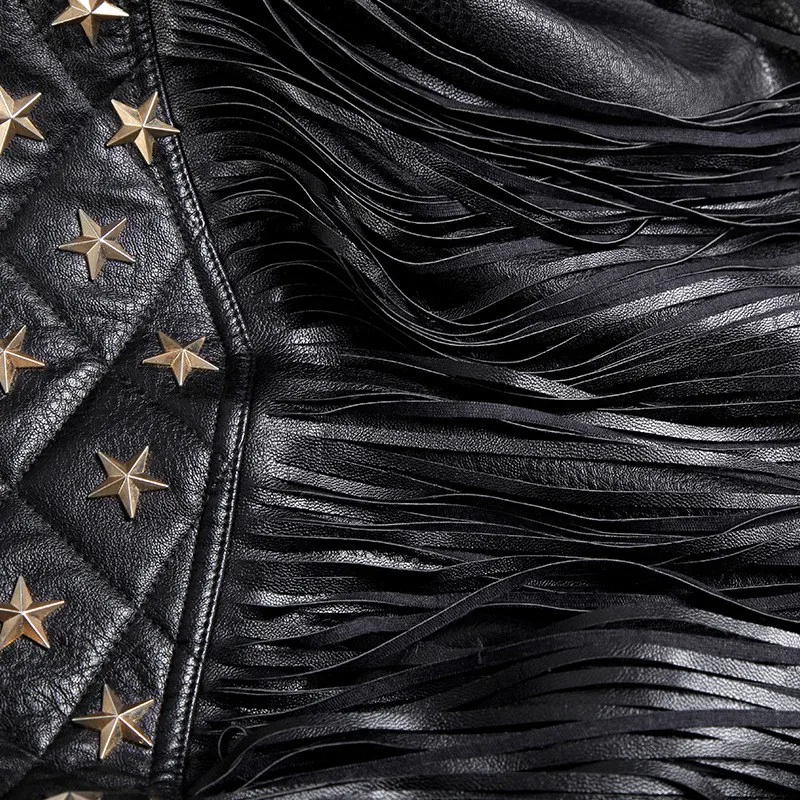 Fashion Women Short Slim Pu Leather Jackets Winter New Motorcycle Tassel Faux Leather Jacket Pentagram Lapel Zipper Coats