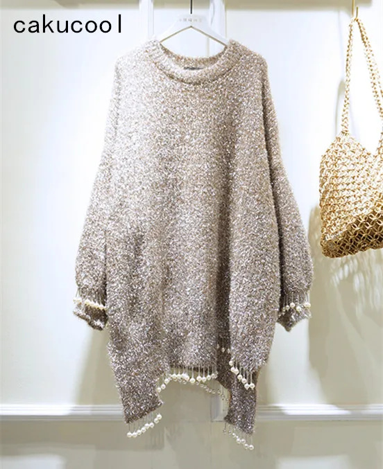 

Cakucool New Silver Lurex Sweaters Women Pearl Beading Tassel Shiny Asymmetric Jumper Korean Cute Mid Long Sweaters Jersey Mujer