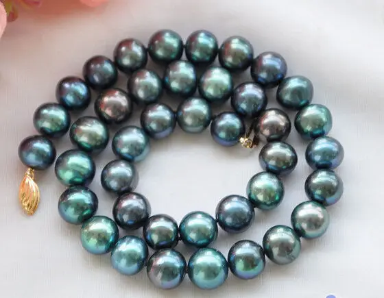 ~! New 9-10mm PEACOCK BLACK ROUND Freshwater cultured PEARL NECKLACE 18 WW