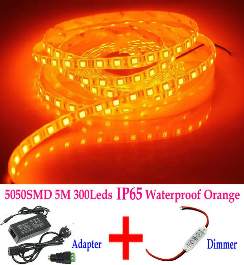 

super bright 5M 300 LEDs 5050 LED SMD Strip Flexible Light 60leds/Meter IP65Waterproof Car Auto 12V ORANGE+3 keys Dimmer+Adapter