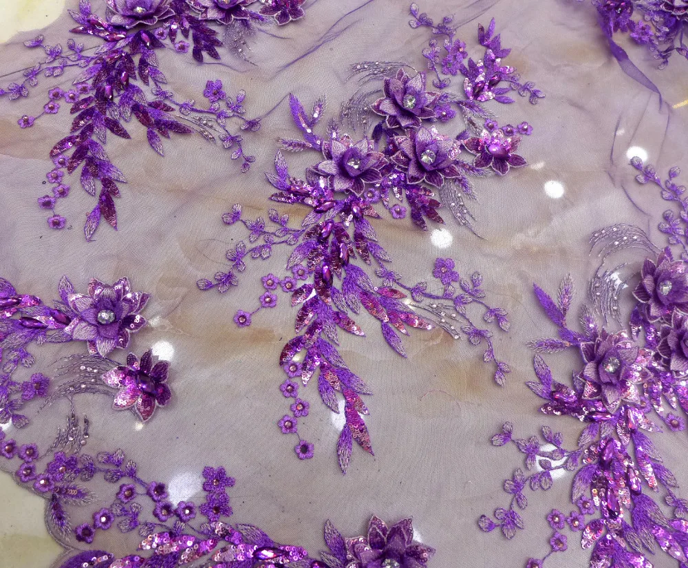 La Belleza 1 yard Purple sequins acrylic stones 3D handmade flowers on net wedding dress/evening/show/stage dress lace fabric