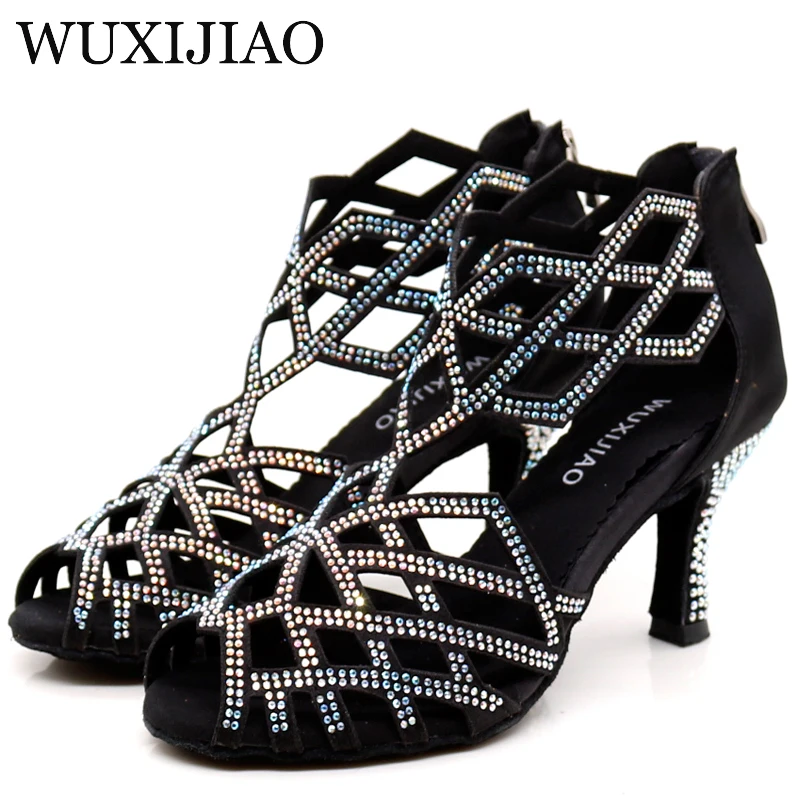 WUXIJIAO-Zapatos con diamantes de imitación negros para mujer, zapatillas de Jazz, zapatos de baile de tacón alto con diamantes de imitación, zapatos de baile latino