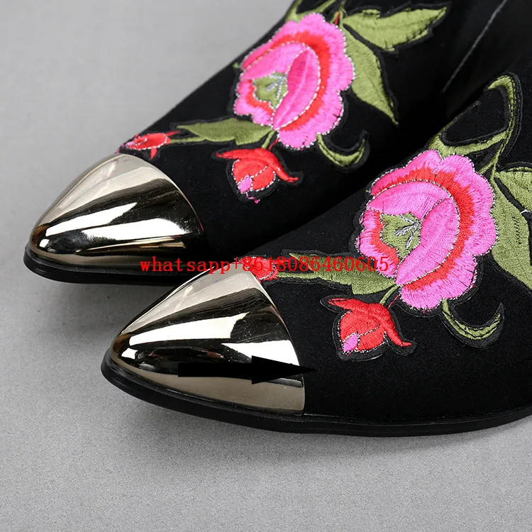 mens pointed toe dress shoes flower embroidery iron toe slip on loafers british style genuine leather shoes men luxury