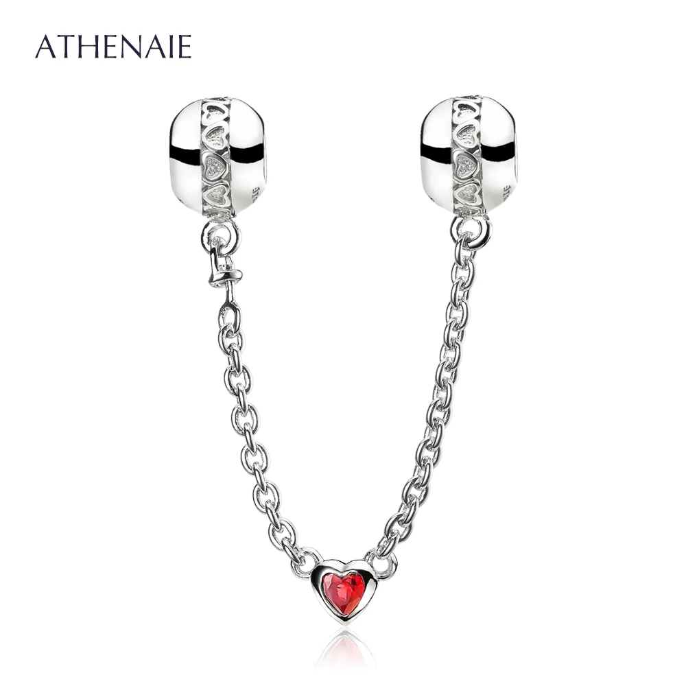 ATHENAIE 925 Sterling Silver Love Heart Connection Charms Clear CZ Safety Chain Fit European Charm Bracelets Color Red & Pink