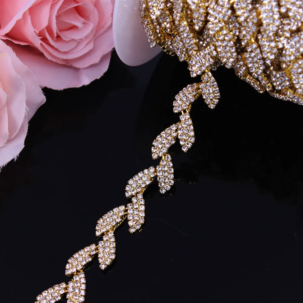 1Yard Fashion Rose Gold Crystal Wedding Dress Belt Bridal Cup Chain Trim Leaf shape Rhinestone Trim Sew on Garments DIY Dress