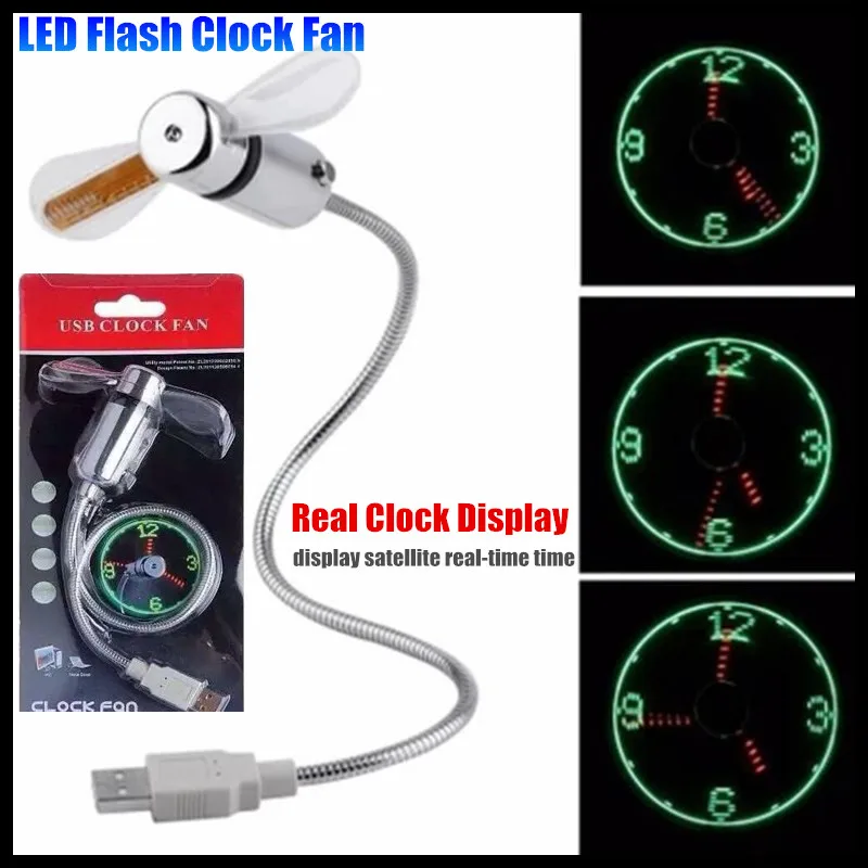 DIY USB Gadget Mini LED Light Flash Clock Fan Flexible Alloy Real-time Clock Display Cool Fan for PC&Laptop&Car&Mobile Power