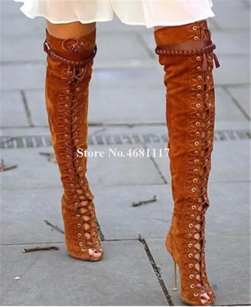 Puttee Over Knee Gladiator Boots Suede Leather Peep Toe Lace-up Buckle High Thin Heel Brand Design Women Fashion Long Boots