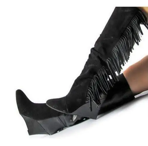 

Sapato feminino thigh high platform boots Wedges Tassel Fringe ladies shoes boots leather stockings over the knee shoes woman