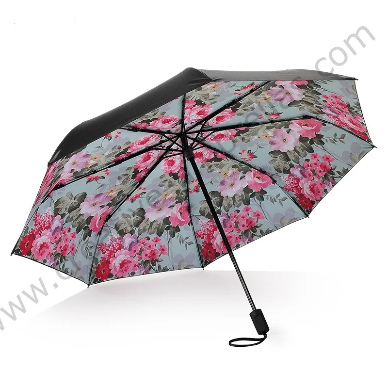 2pcs/lot Three fold sunscreen umbrella five times black coating anti-uv alloy fiberglassSakura cherry flower shopping parasol