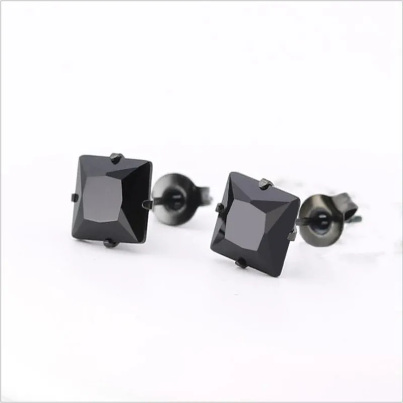 Size From 3mm To 8mm 316 L Stainless Steel With Square Black Zircons Stud Earrings For Men And Women