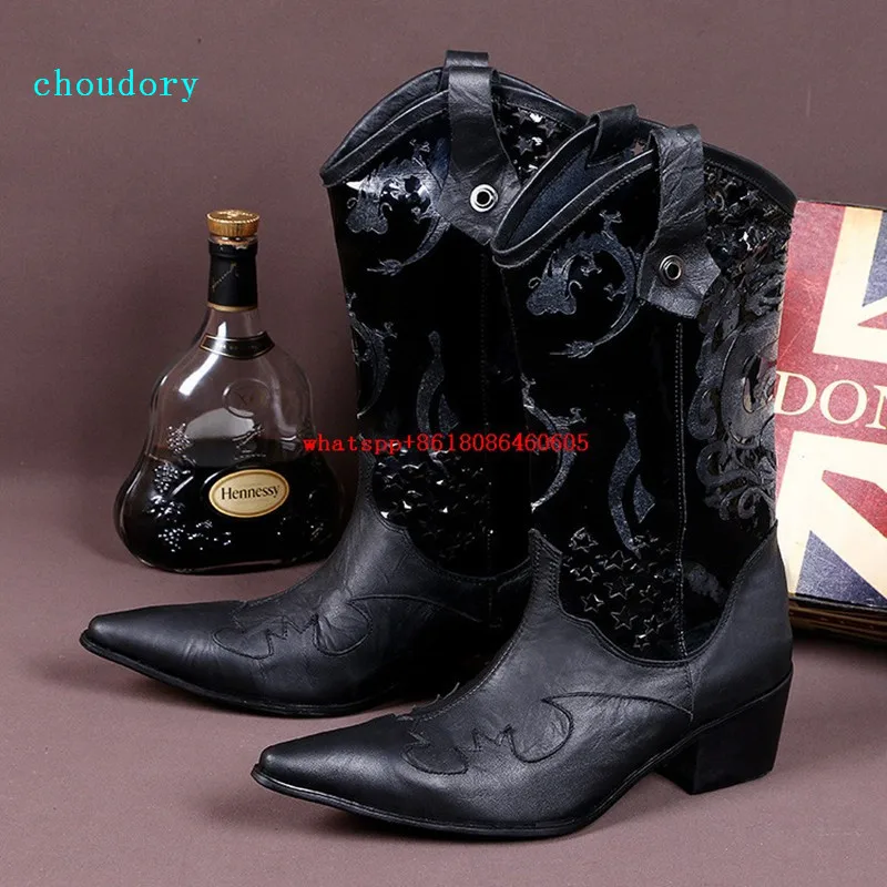 

Choudory Luxury high heels italian military boots high top pointed toe embroidery cowboy boots dress wedding shoes mans size12