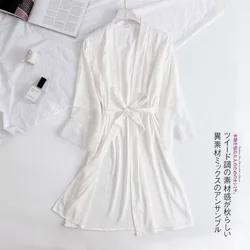 Hot White Women Silk Lace Robes Wedding Bridesmaid Bride Gown kimono Solid robe Sleepwear Nightgown Bridesmaid Robes size M-XL