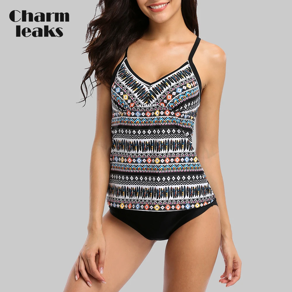 Charmleaks Women Tankini Set Two Piece Swimwear Vintage Floral Printed Swimwear Back Cross Swimsuit Beachwear Bathing Suit