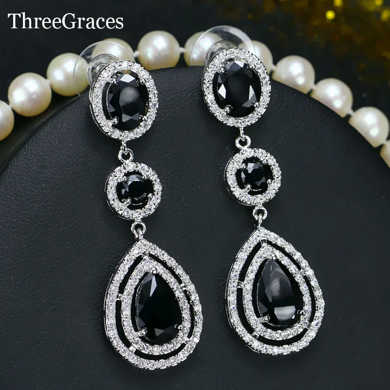 

ThreeGraces Top Quality American Women CZ Jewelry Cubic Zirconia Long Black Crystal Dangle Earrings For Wedding Bouquets ER019