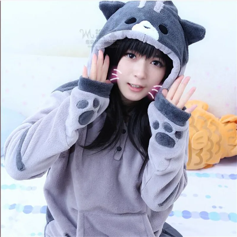 Hot Sale 2024 Kawaii Cosplay Costume Cute Cat Thicken Tops Hoodies Flannel Gray Hooded Sweatershirts Winter Coat Jacket