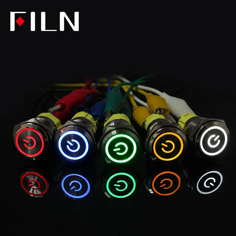 Filn 16mm 6V 12V 110V 220V LED momentary latching Brass Nickel Plate anti vandal waterproof Push Button Switch with Power symbol