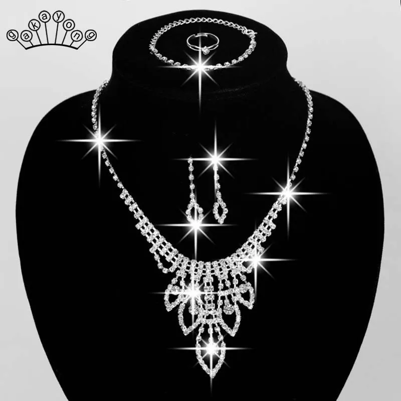 4 개/대 크리스탈 신부 보석 세트 실버 컬러 모조 다이아몬드 귀걸이/팔찌/반지 목걸이 웨딩 파티 선물